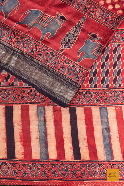 Vaidehi- Brick Red Maheshwari Mulberry Silk Ajrakh Print Handwoven Saree