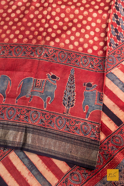 Vaidehi- Brick Red Maheshwari Mulberry Silk Ajrakh Print Handwoven Saree