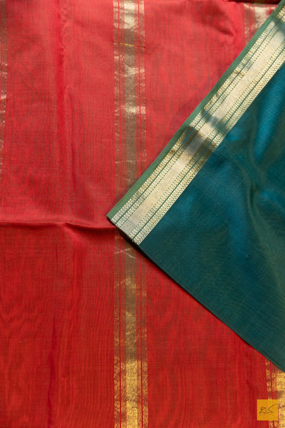 Taruni- Green-Red Maheshwari Silk Cotton Handwoven Saree