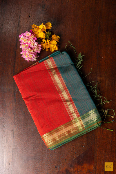 Taruni- Green-Red Maheshwari Silk Cotton Handwoven Saree