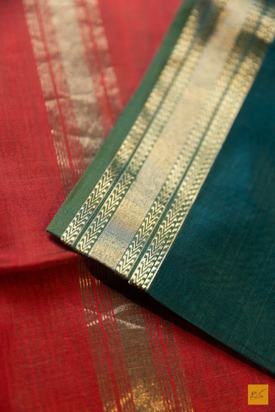 Taruni- Green-Red Maheshwari Silk Cotton Handwoven Saree