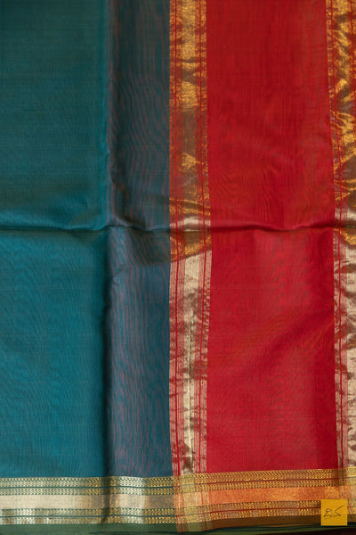 Taruni- Green-Red Maheshwari Silk Cotton Handwoven Saree