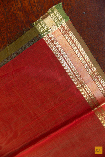 Taruni- Green-Red Maheshwari Silk Cotton Handwoven Saree