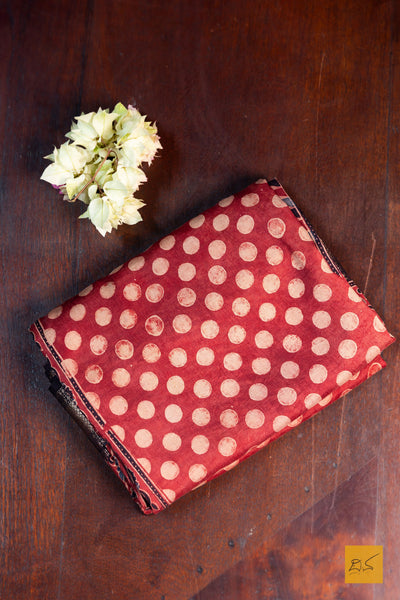 Vaidehi- Brick Red Maheshwari Mulberry Silk Ajrakh Print Handwoven Saree