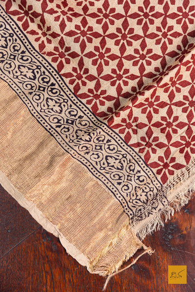 Nimeshika- Brick Red Maheshwari Tussar Silk Ajrakh Print Handwoven Saree