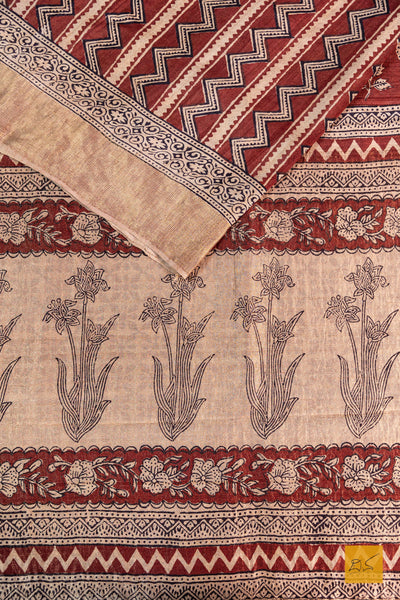 Nimeshika- Brick Red Maheshwari Tussar Silk Ajrakh Print Handwoven Saree