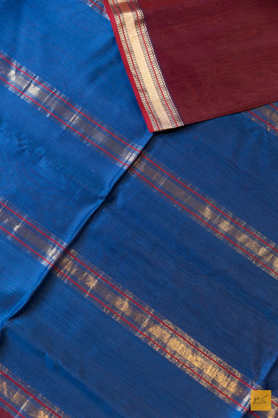 Sandhya- Maroon-Blue Maheshwari Silk Cotton Handwoven Saree