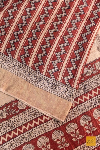 Nimeshika- Brick Red Maheshwari Tussar Silk Ajrakh Print Handwoven Saree