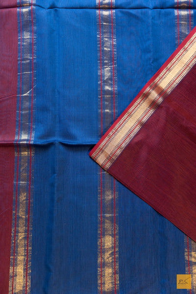 Sandhya- Maroon-Blue Maheshwari Silk Cotton Handwoven Saree