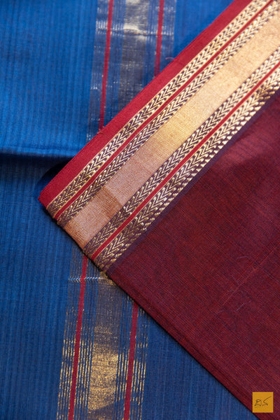 Sandhya- Maroon-Blue Maheshwari Silk Cotton Handwoven Saree