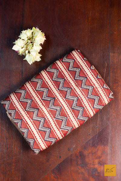 Nimeshika- Brick Red Maheshwari Tussar Silk Ajrakh Print Handwoven Saree