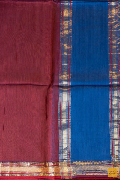 Sandhya- Maroon-Blue Maheshwari Silk Cotton Handwoven Saree