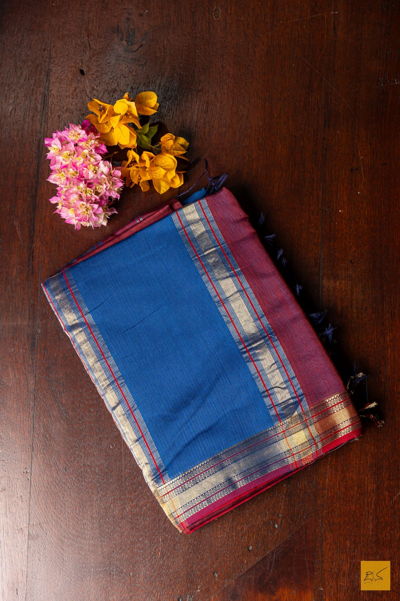 Sandhya- Maroon-Blue Maheshwari Silk Cotton Handwoven Saree