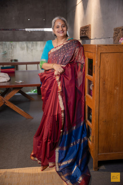 Sandhya- Maroon-Blue Maheshwari Silk Cotton Handwoven Saree