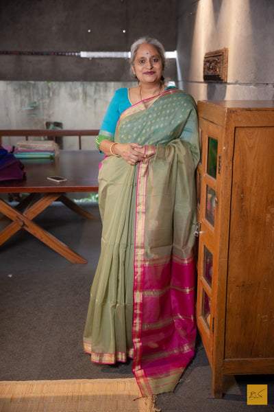 Nimeshika- Green-Pink Maheshwari Silk Cotton Handwoven Saree