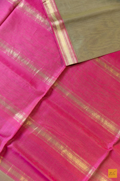 Nimeshika- Green-Pink Maheshwari Silk Cotton Handwoven Saree