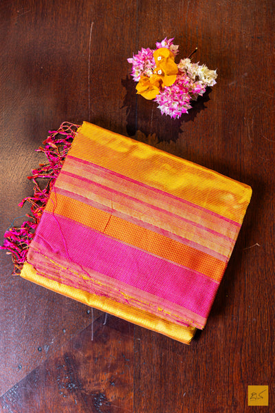 Tanvi - Yellow Maheshwari Pure Silk Handwoven Saree