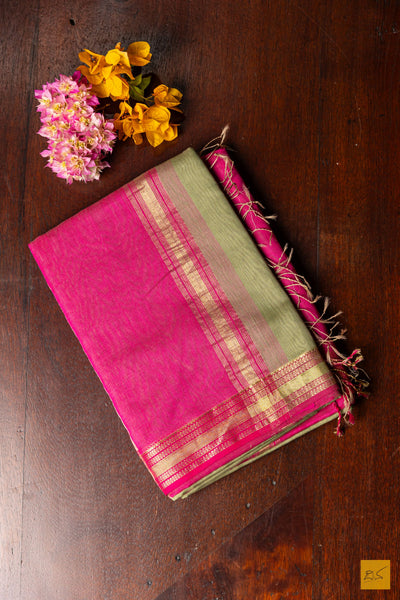 Nimeshika- Green-Pink Maheshwari Silk Cotton Handwoven Saree