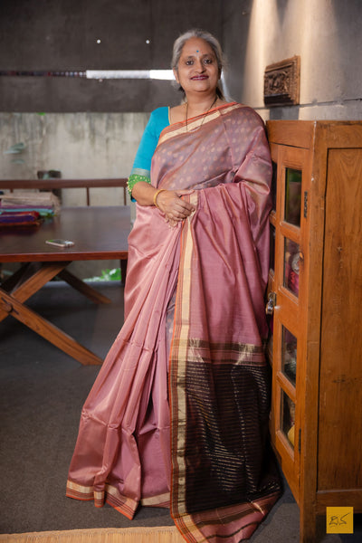 Tripura- Rust Pink Maheshwari Silk Cotton Handwoven Saree