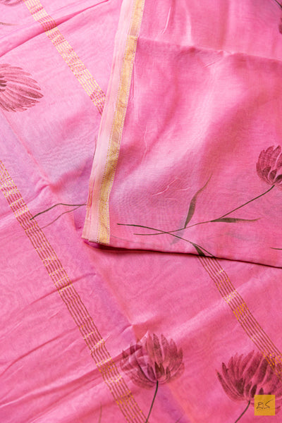 Amba- Pink Maheshwari Hand Painted Silk Cotton Handwoven Saree