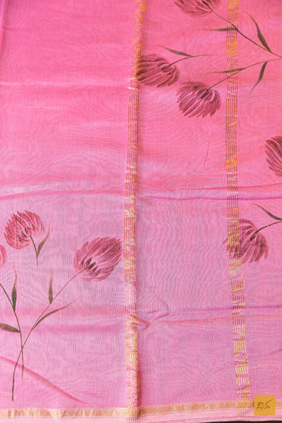 Amba- Pink Maheshwari Hand Painted Silk Cotton Handwoven Saree