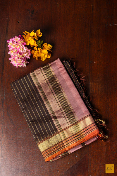 Tripura- Rust Pink Maheshwari Silk Cotton Handwoven Saree