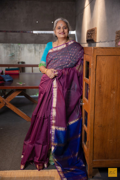 Mallika- Purple-Blue Maheshwari Silk Cotton Handwoven Saree