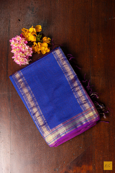 Mallika- Purple-Blue Maheshwari Silk Cotton Handwoven Saree
