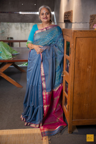 Devika- Grey-Pink Maheshwari Silk Cotton Handwoven Saree