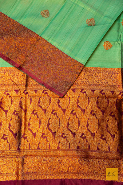 Lavanya- Green Banarasi Tussar Silk Handwoven Saree
