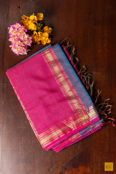 Devika- Grey-Pink Maheshwari Silk Cotton Handwoven Saree