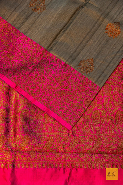 Jwalamalini- Grey Banarasi Tussar Silk Handwoven Saree
