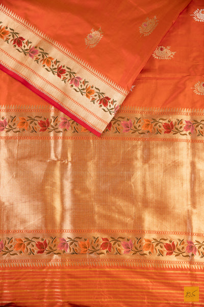 Orange Banarasi Katan Silk Handwoven Saree