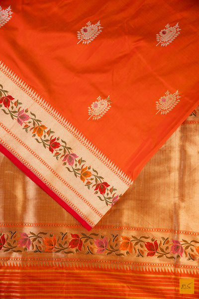 Orange Banarasi Katan Silk Handwoven Saree