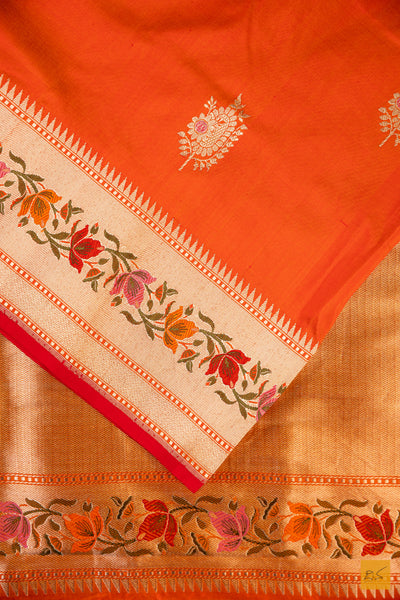 Orange Banarasi Katan Silk Handwoven Saree