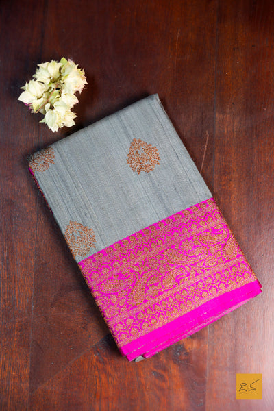 Jwalamalini- Grey Banarasi Tussar Silk Handwoven Saree