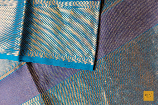 Niranjana- Purple-Blue Tissue Maheshwari Silk Cotton Handwoven Saree