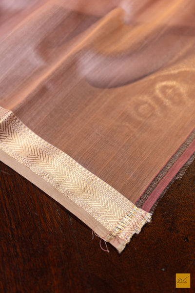 Padmavathi- Peach Tissue Maheshwari Silk Cotton Handwoven Saree