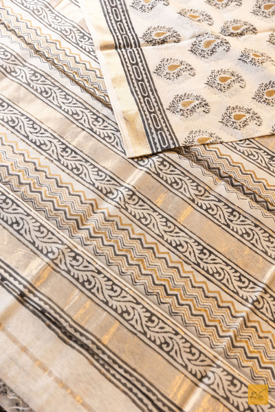 Gauthami- Off White Printed Maheshwari Silk Cotton Handwoven Saree
