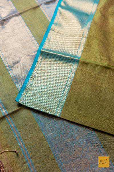 Nithya- Green-Blue Tissue Maheshwari Silk Cotton Handwoven Saree