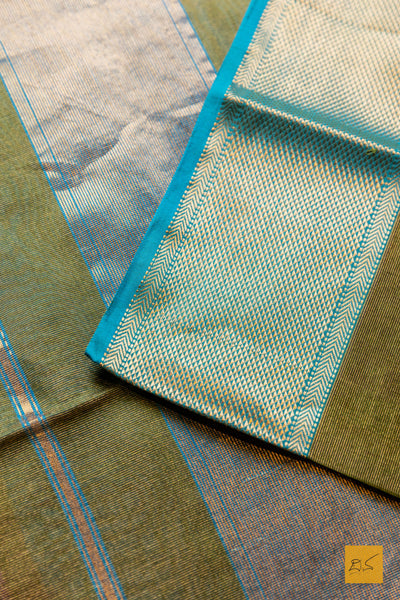 Nithya- Green-Blue Tissue Maheshwari Silk Cotton Handwoven Saree