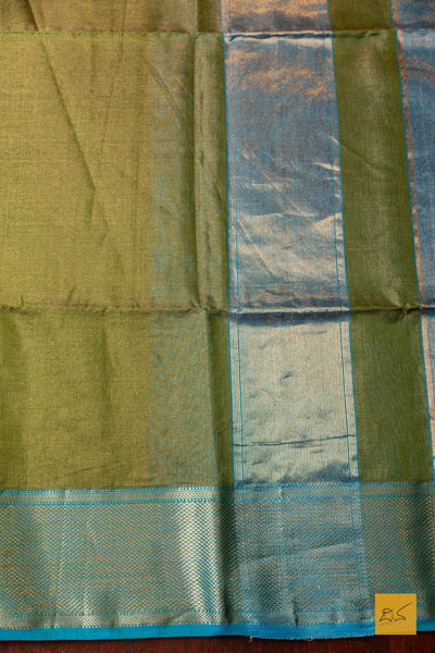 Nithya- Green-Blue Tissue Maheshwari Silk Cotton Handwoven Saree