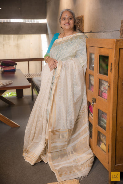 Ishani- Off White Printed Maheshwari Silk Cotton Handwoven Saree