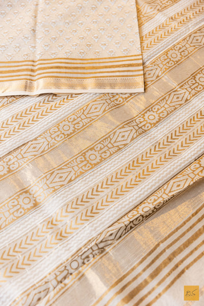 Ishani- Off White Printed Maheshwari Silk Cotton Handwoven Saree