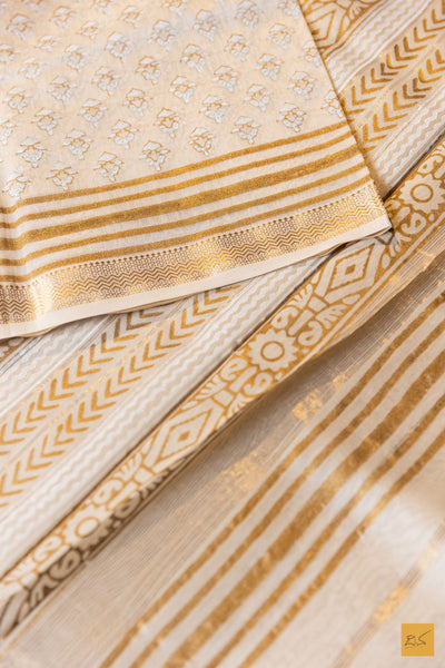 Ishani- Off White Printed Maheshwari Silk Cotton Handwoven Saree