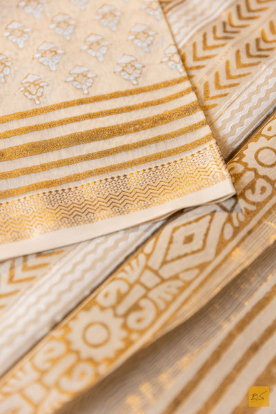 Ishani- Off White Printed Maheshwari Silk Cotton Handwoven Saree