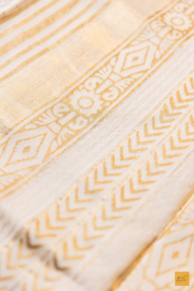 Ishani- Off White Printed Maheshwari Silk Cotton Handwoven Saree