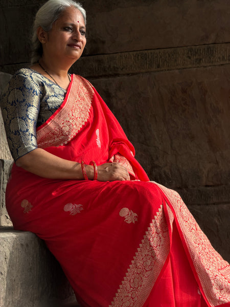 Sriprada - Red Banarasi Munga Silk Handwoven Saree