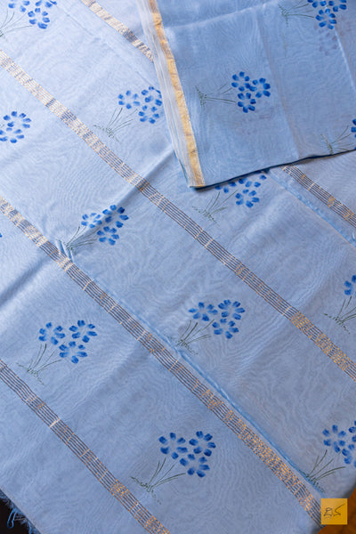Amritha- Blue Maheshwari Hand Painted Silk Cotton Handwoven Saree