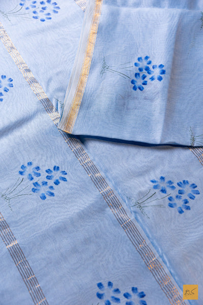 Amritha- Blue Maheshwari Hand Painted Silk Cotton Handwoven Saree